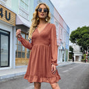 Cameo Brown V - Neck Smocked Long Sleeve Knee Length Casual Dress S