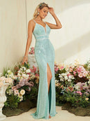 Mint Blue V - neck Spaghetti Strap High Slit Sequin Evening Dress XL