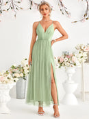 Mint Green V - neck Spaghetti Strap Sexy Slit Bridesmaid Dress M