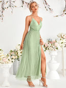 Mint Green V - neck Spaghetti Strap Sexy Slit Bridesmaid Dress M