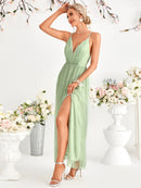 Mint Green V - neck Spaghetti Strap Sexy Slit Bridesmaid Dress M