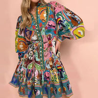 Multicolor Vintage Colorful Lantern Sleeve Knee Length Dress S