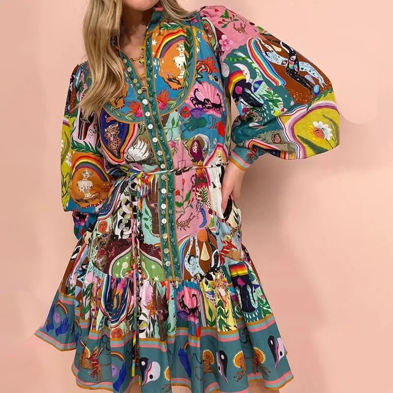 Vintage Colorful Lantern Sleeve Knee Length Dress