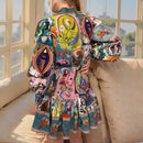 Multicolor Vintage Colorful Lantern Sleeve Knee Length Dress S