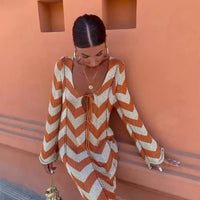 Orange Wave Striped Long Sleeve Beach Knit Dress M