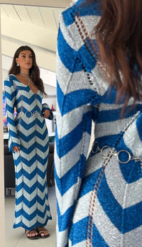 Blue Wave Striped Long Sleeve Beach Knit Dress S