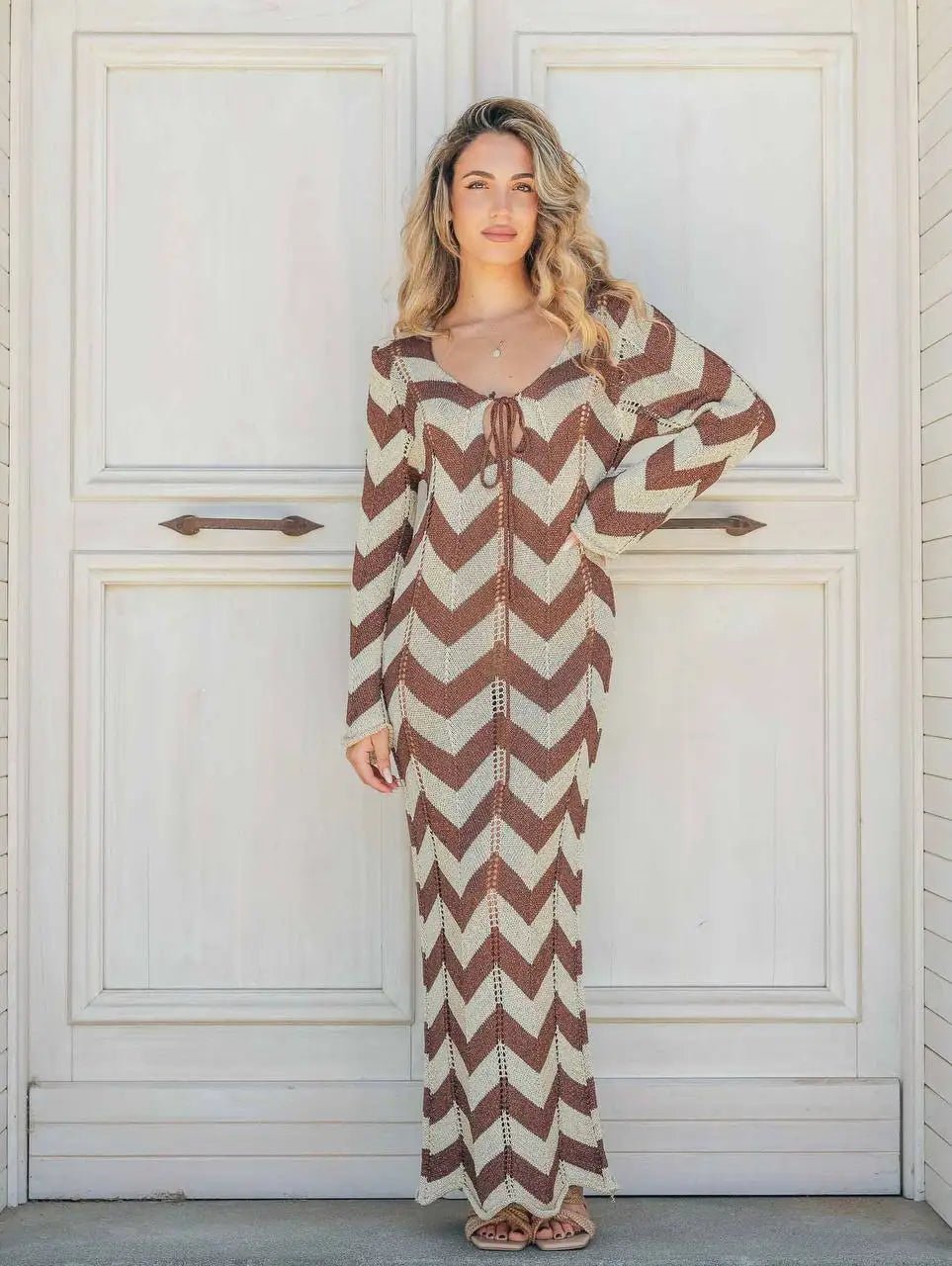 Brown Wave Striped Long Sleeve Beach Knit Dress S