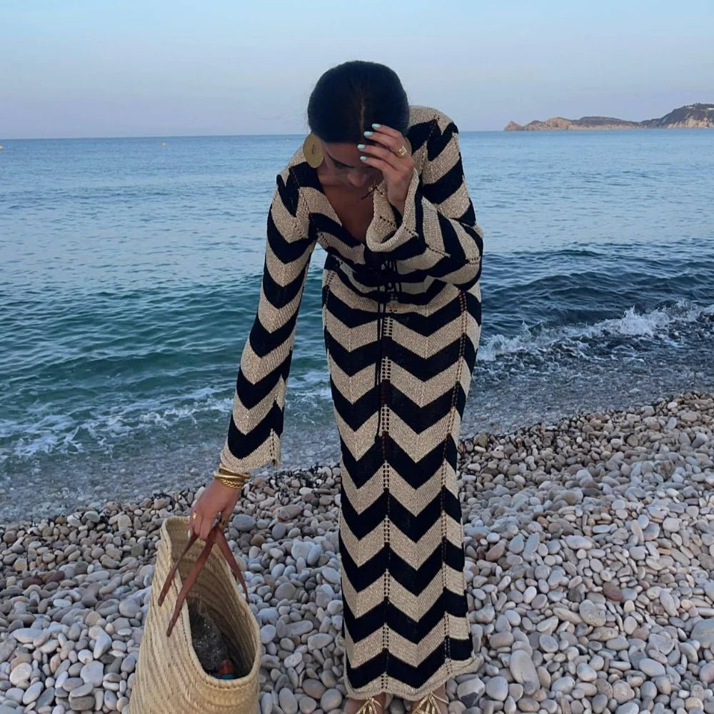 Wave Striped Long Sleeve Beach Knit Dress