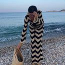 Black Wave Striped Long Sleeve Beach Knit Dress S