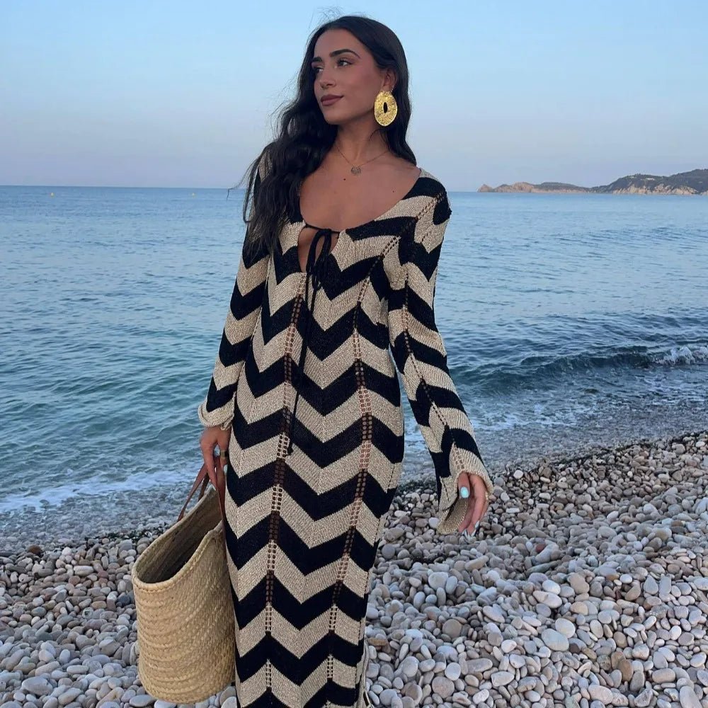 Wave Striped Long Sleeve Beach Knit Dress