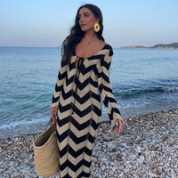 Black Wave Striped Long Sleeve Beach Knit Dress S