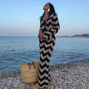 Black Wave Striped Long Sleeve Beach Knit Dress S