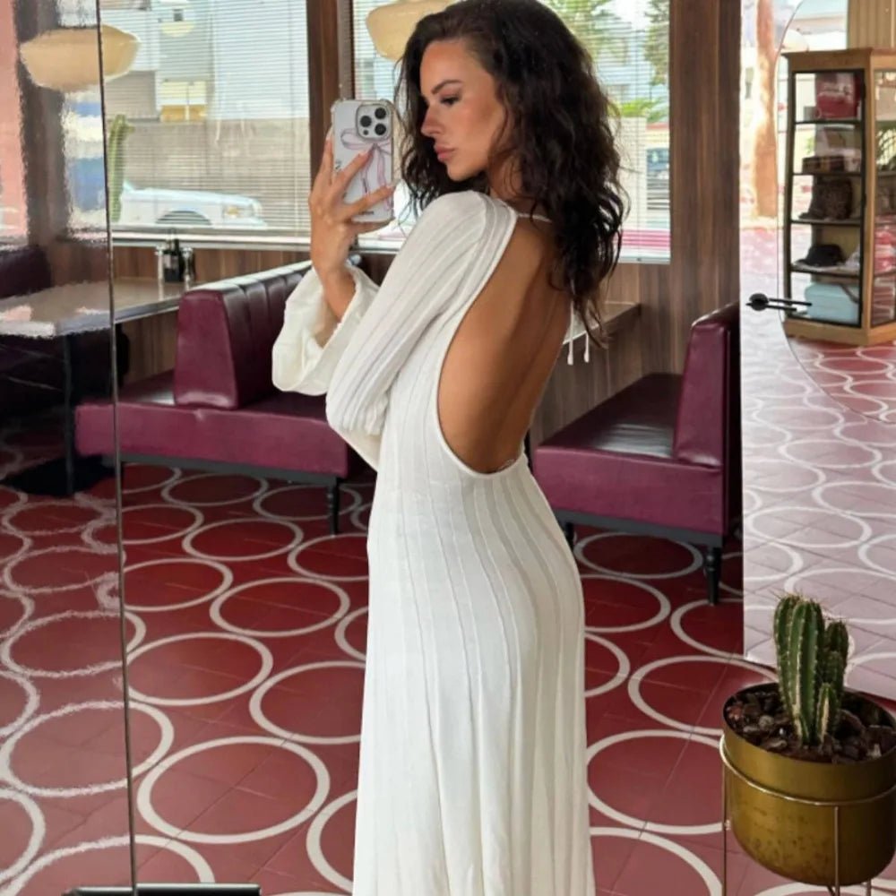 White Backless Knit Bodycon Maxi Dress