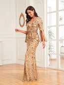 Champagne Women Formal Sequin Mermaid Dress Long Sleeve XXL