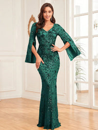 Dark Green Women Formal Sequin Mermaid Dress Long Sleeve M