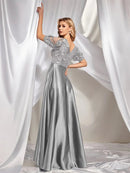 Gray Women Short Sleeve Satin A - Line Formal Evening Dress M