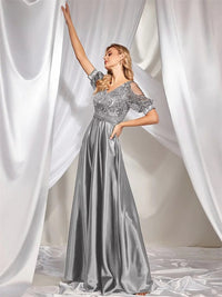 Gray Women Short Sleeve Satin A - Line Formal Evening Dress M