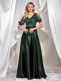 Dark Green Women Short Sleeve Satin A - Line Formal Evening Dress 3XL