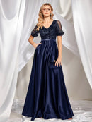 Navy Blue Women Short Sleeve Satin A - Line Formal Evening Dress M