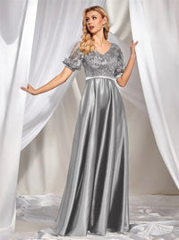 Gray Women Short Sleeve Satin A - Line Formal Evening Dress M