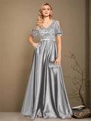 Gray Women Short Sleeve Satin A - Line Formal Evening Dress M