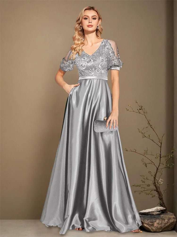 Women Short Sleeve Satin A-Line Formal Evening Dress