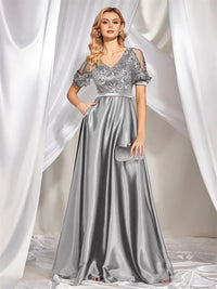 Gray Women Short Sleeve Satin A - Line Formal Evening Dress M