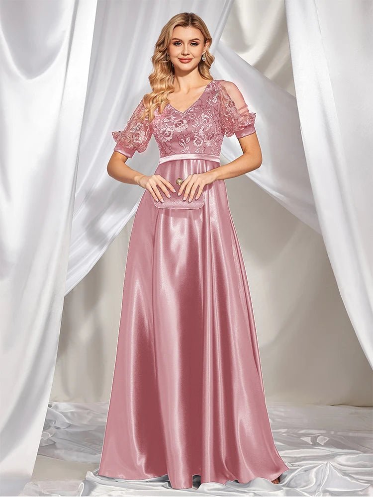 Pink Women Short Sleeve Satin A - Line Formal Evening Dress M