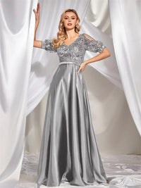 Gray Women Short Sleeve Satin A - Line Formal Evening Dress M