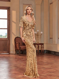 Champagne Women Short Sleeves Mermaid Sequin Formal Evening Gown S