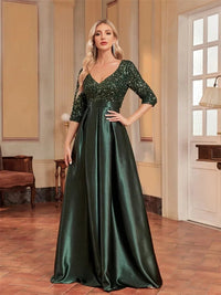 green Women's 3/4 Sleeve Sequin Formal Evening Satin Gown XL