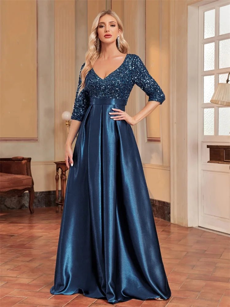 Women's 3/4 Sleeve Sequin Formal Evening Satin Gown – Kenvesta