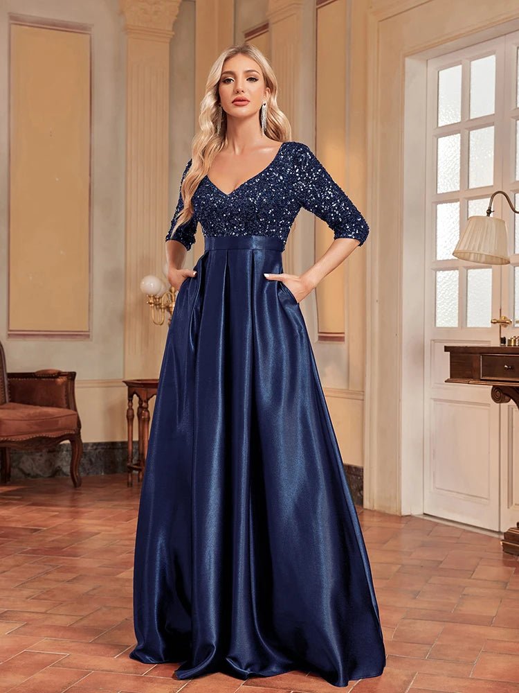 Navy Blue Women's 3/4 Sleeve Sequin Formal Evening Satin Gown S