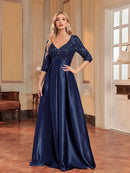 Navy Blue Women's 3/4 Sleeve Sequin Formal Evening Satin Gown XXL