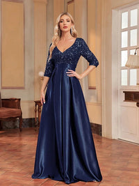 Navy Blue Women's 3/4 Sleeve Sequin Formal Evening Satin Gown XXL