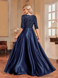 Navy Blue Women's 3/4 Sleeve Sequin Formal Evening Satin Gown S