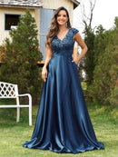 Blue Women's Elegant Sequin Satin Dress with Cap Sleeve L