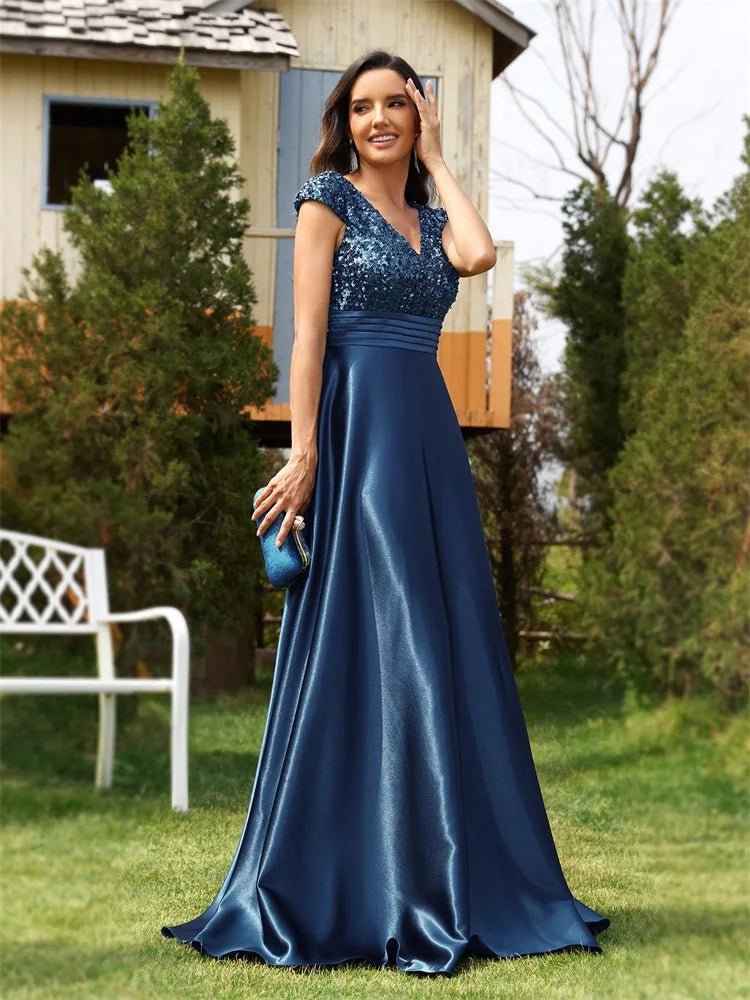 Blue Women's Elegant Sequin Satin Dress with Cap Sleeve L