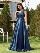 Blue Women's Elegant Sequin Satin Dress with Cap Sleeve L