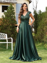 Green Women's Elegant Sequin Satin Dress with Cap Sleeve L