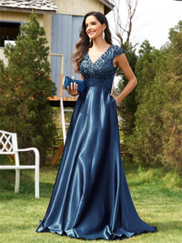 Blue Women's Elegant Sequin Satin Dress with Cap Sleeve L