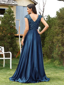 Blue Women's Elegant Sequin Satin Dress with Cap Sleeve L