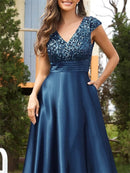 Blue Women's Elegant Sequin Satin Dress with Cap Sleeve L