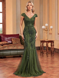 Olive green Women's Formal Mermaid Gown with Cap Sleeves XXL