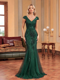 Emerald Green Women's Formal Mermaid Gown with Cap Sleeves L