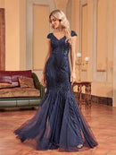 Navy Blue Women's Formal Mermaid Gown with Cap Sleeves L