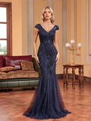 Navy Blue Women's Formal Mermaid Gown with Cap Sleeves L