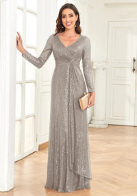 Gray Women's Long Sleeve Evening Dress with Sequins XL