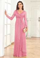 Pink Women's Long Sleeve Evening Dress with Sequins M