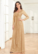 Champagne Women's Long Sleeve Evening Dress with Sequins 3XL